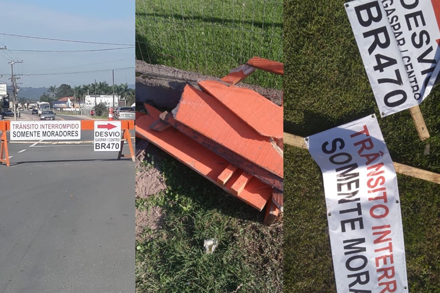 Motorista destr�i placa de sinaliza��o que indica desvio em Gaspar