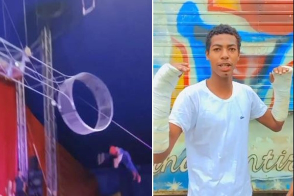Jovem que sofreu queda durante apresenta��o em circo em Gaspar grava v�deo e diz que est� bem