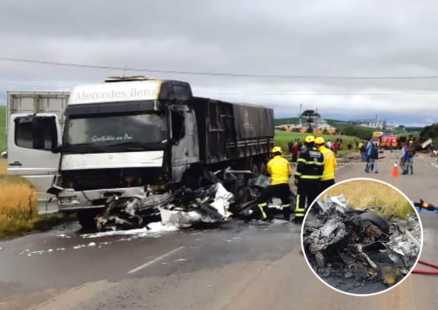 Carro fica completamente destruído e três pessoas morrem carbonizadas em acidente no Oeste de SC