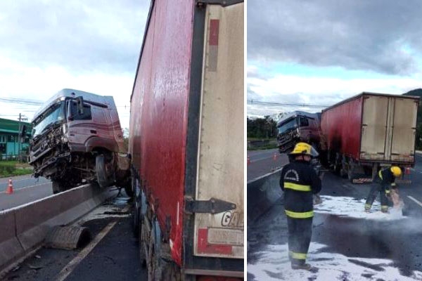 Carreta fica pendurada em mureta que divide BR-470, em Indaial