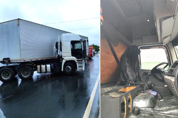 Carreta bate em mureta de prote��o e fica em 'L' na BR-470, em Gaspar