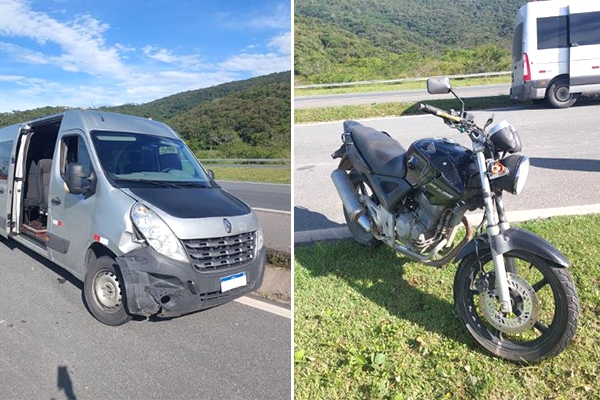 Van e moto colidem e homem fica ferido na BR-470, em Ilhota