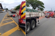 Caminh�o passa por cima de perna de motoqueiro em acidente no Centro de Ilhota 