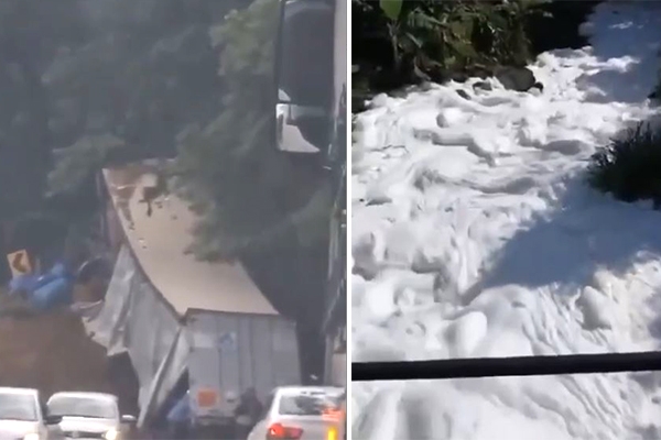 Caminhão carregado de ácido sulfônico se acidenta em Joinville; produtos formam grande correnteza de espuma no rio