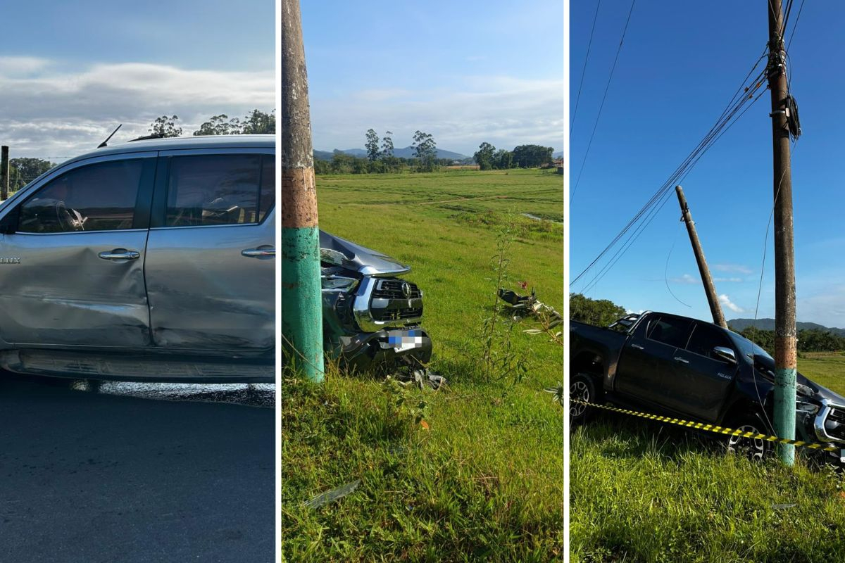 Colis�o entre carros, moto e poste � registrada no bairro Minas, em Ilhota