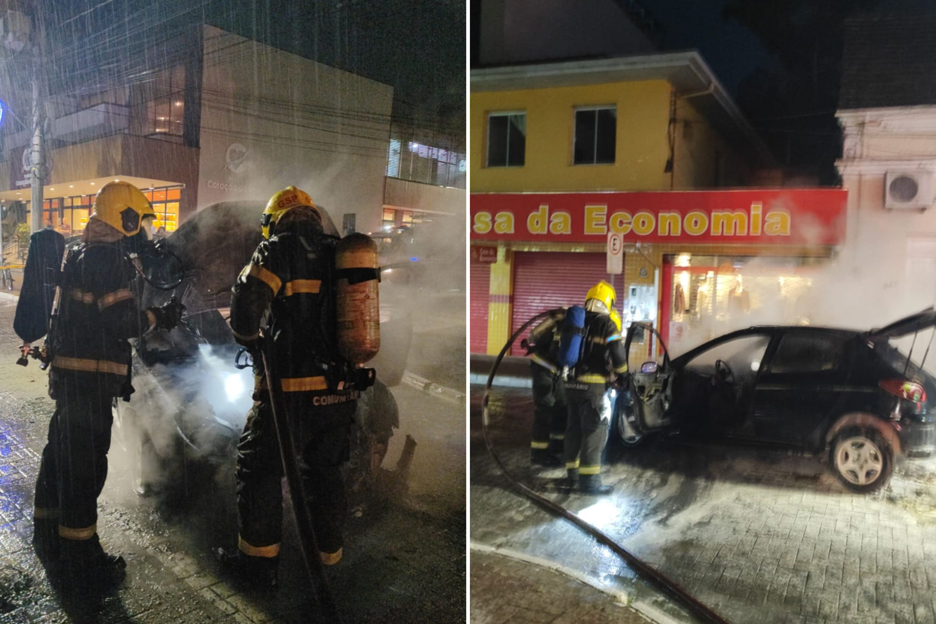 Carro pega fogo na rua central de Gaspar