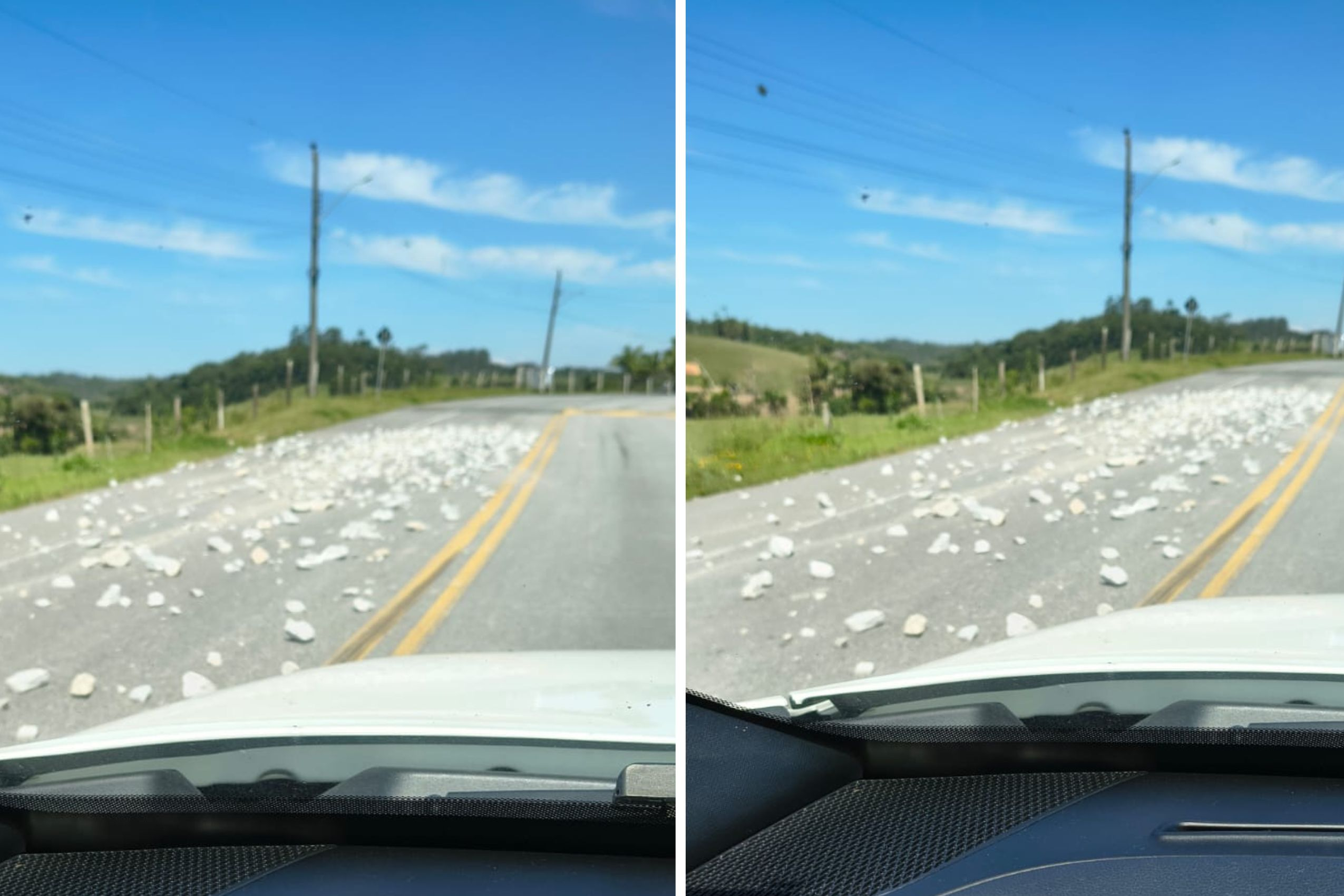 Carga de pedras cai na rua principal do bairro Macuco, em Gaspar