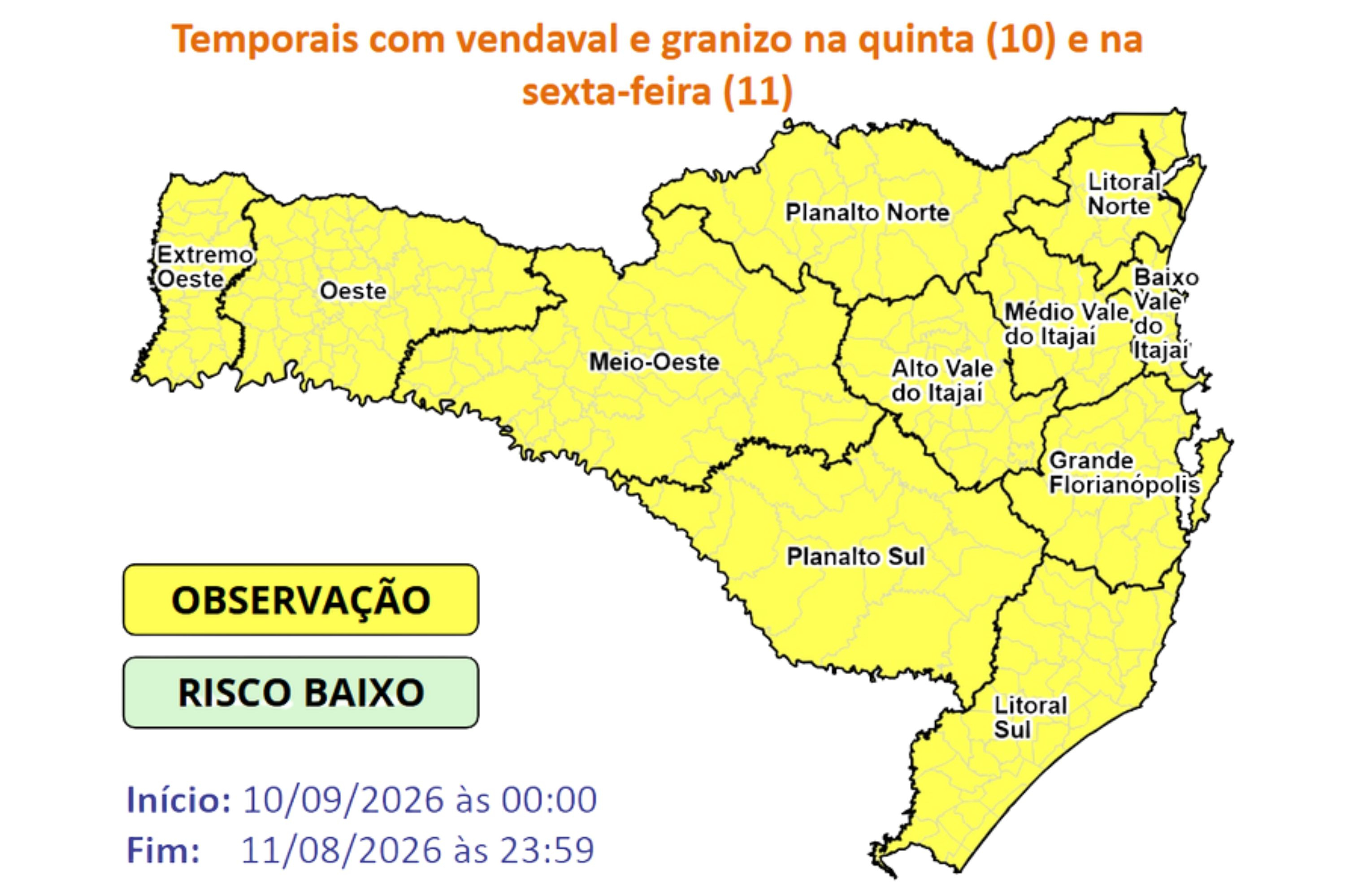 Temporais devem atingir Santa Catarina entre quarta e sexta-feira