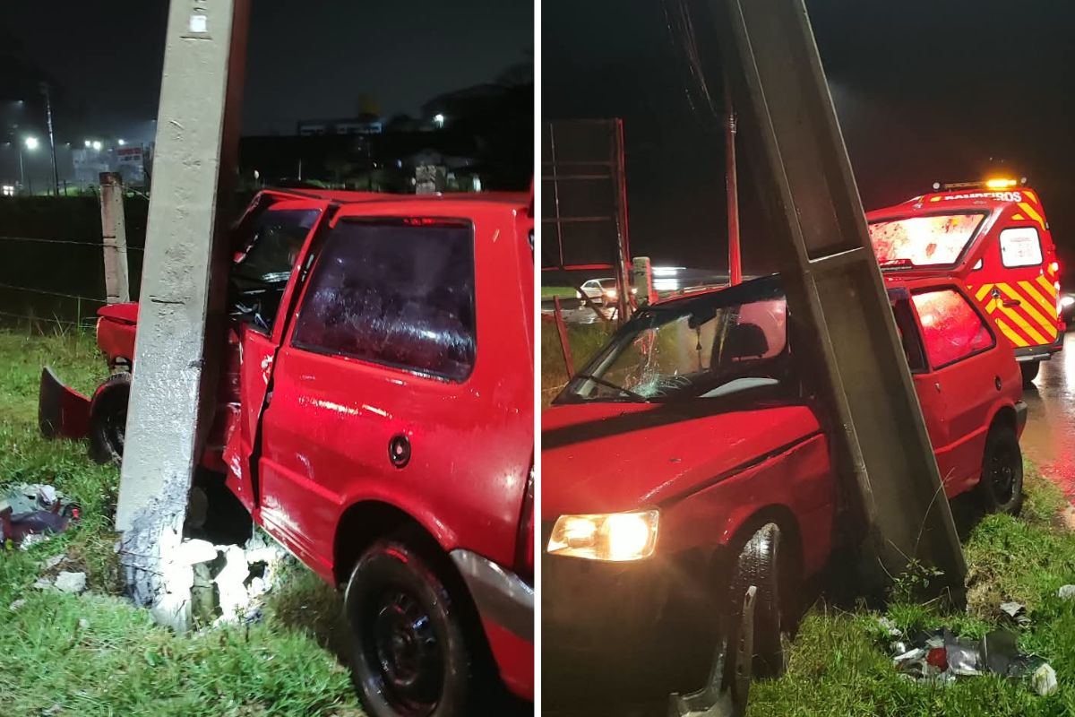 Motorista fica ferido ap�s carro colidir contra poste no acesso a Gaspar